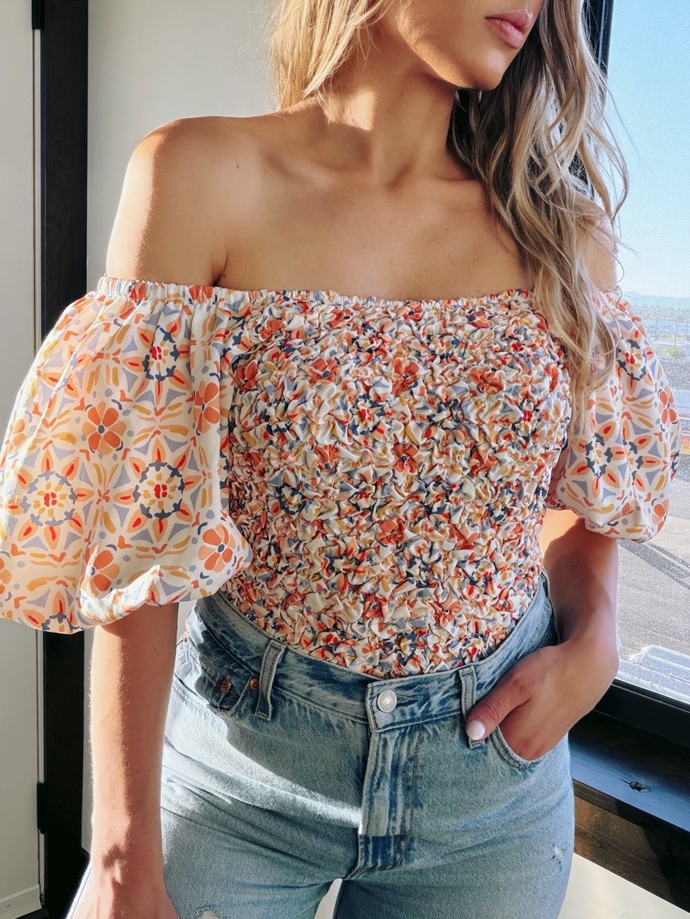 Anthropologie Dolan Off-Shoulder Puff Sleeve Top — Floral Mix